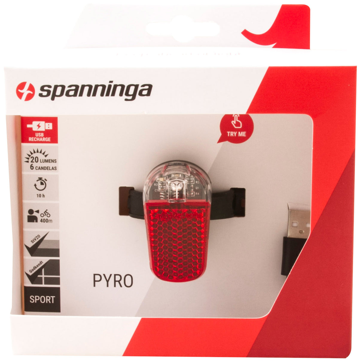 Spanninga galinis žibintas pyro USB įkraunamas