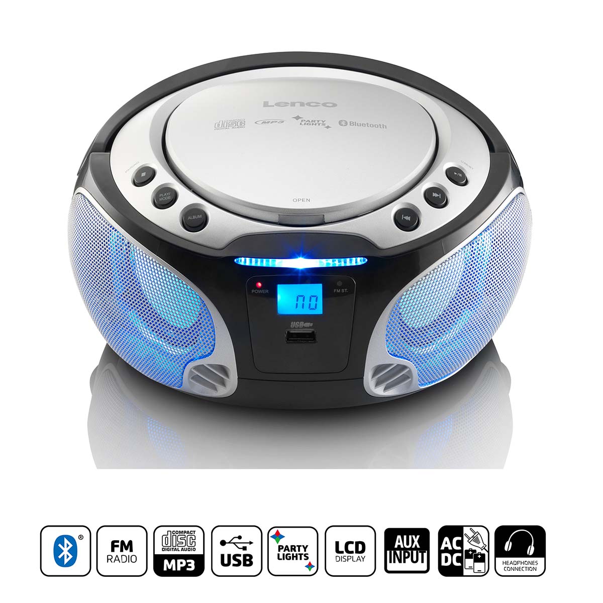 Lenco SCD-550SI Portable FM Radio CD MP3 USB Bluetooth Player® with LED Lighting Silver - SCD-550SI