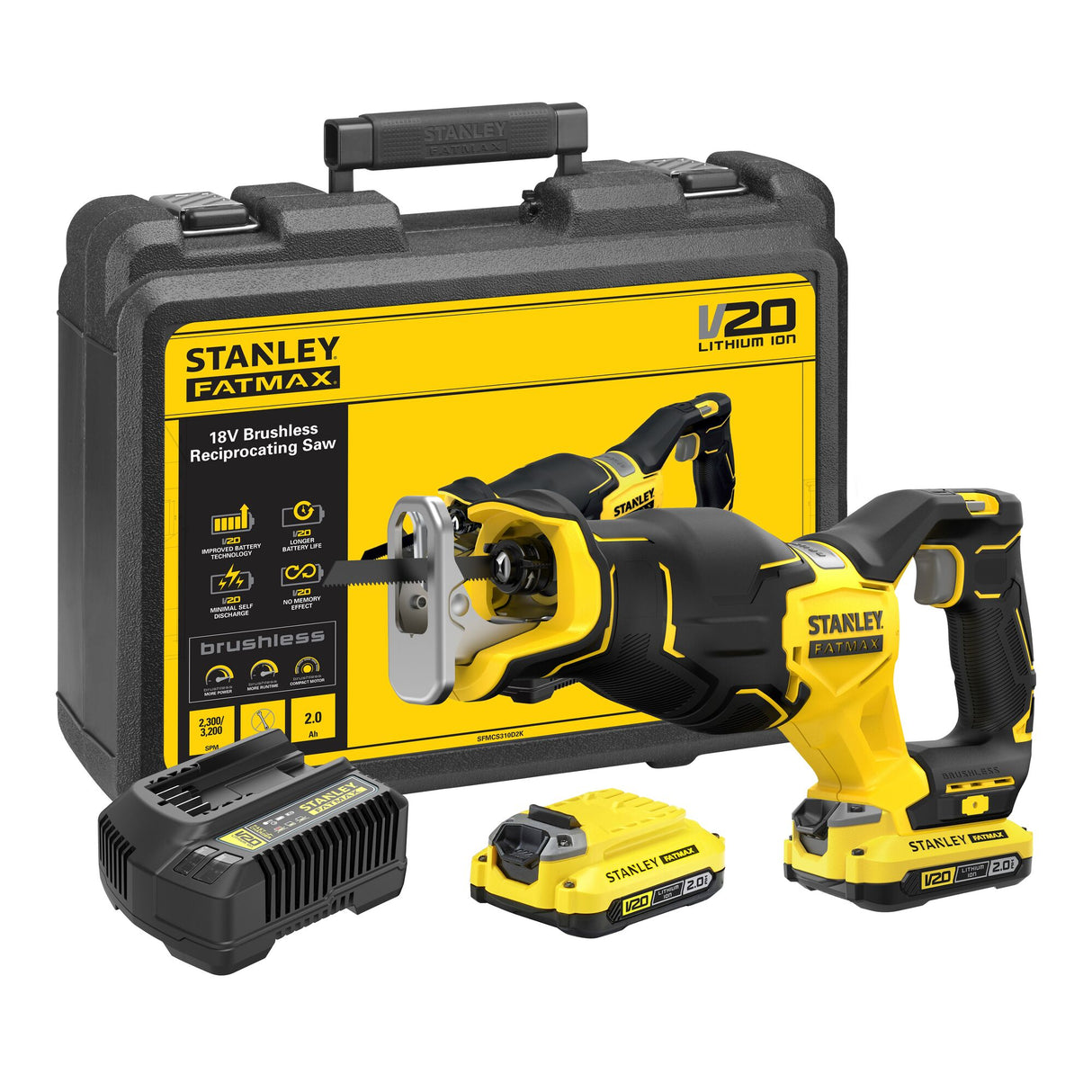 Stanley Fatmax SFMCS310D2K 20V Max* Brushless Cordless Reciprocating Saw | 2 x 2.0Ah Batteries + Charger | In Case - SFMCS310D2K-QW