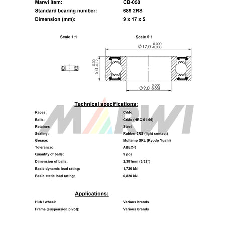 Marwi union ball bearing CB-050 689 2rs 9x17x5