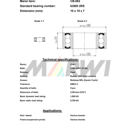 Marwi union ball bearing CB-062 63800 2rs 10x19x7