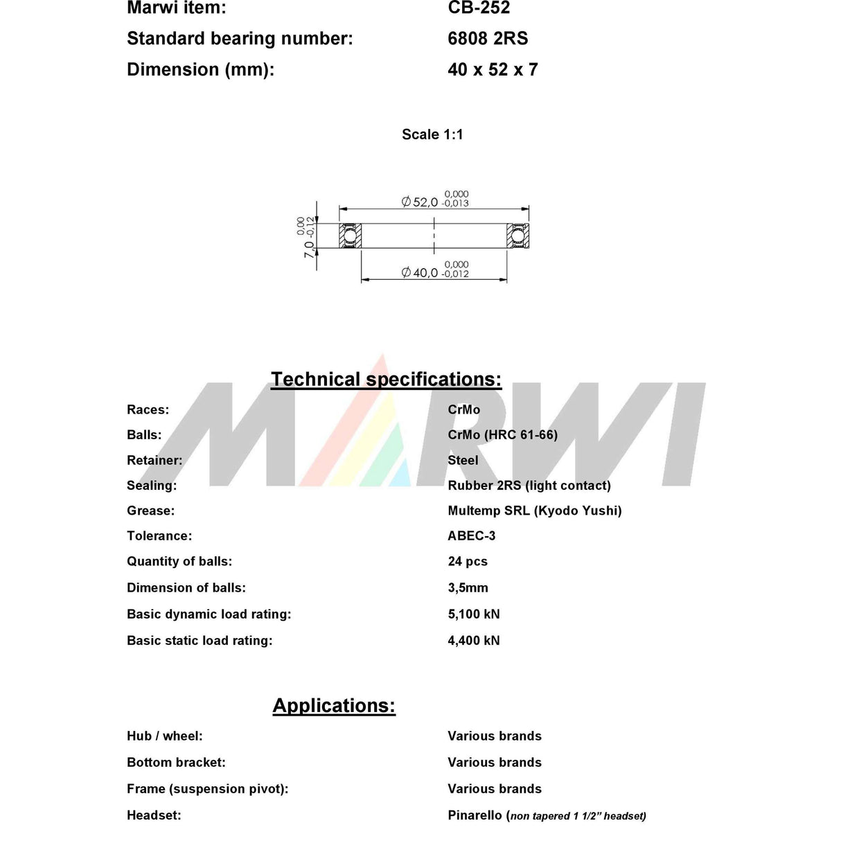 Marwi union kullager CB-252 6808 2rs 40x52x7