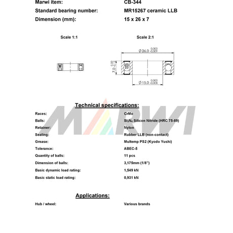 Marwi union kulelager CB-344 LBB MR15267 15x26x7 keramikk