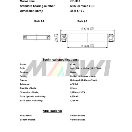Marwi union ball bearing cb-380 6807 llb 35x47x7 ceramic