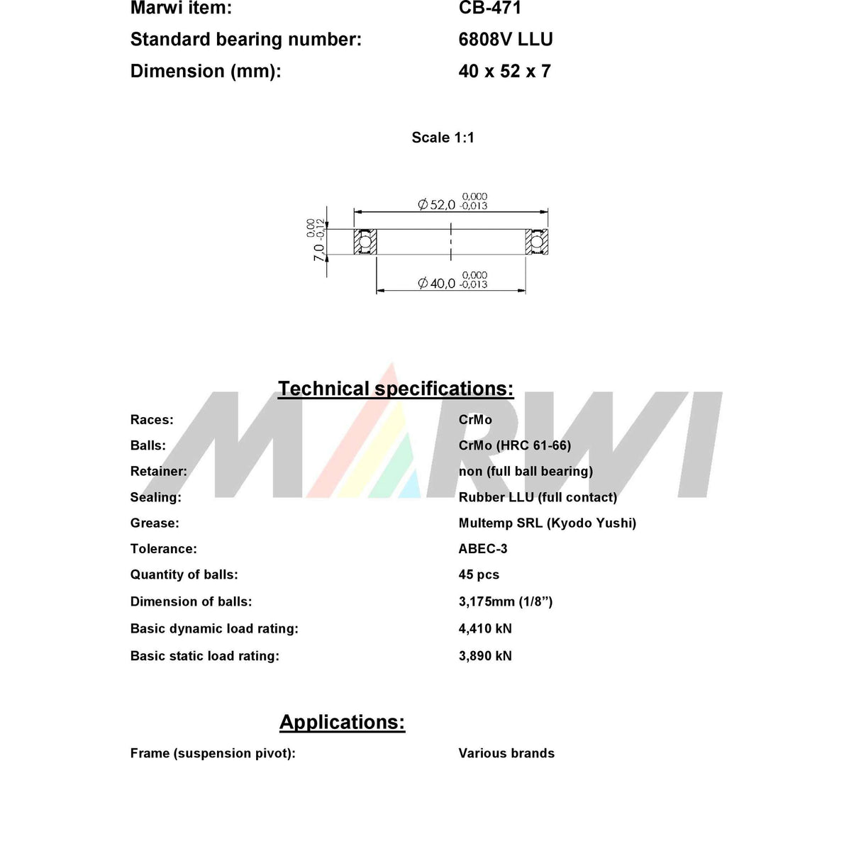Rolamento de esferas Union CB-471 40x52x7