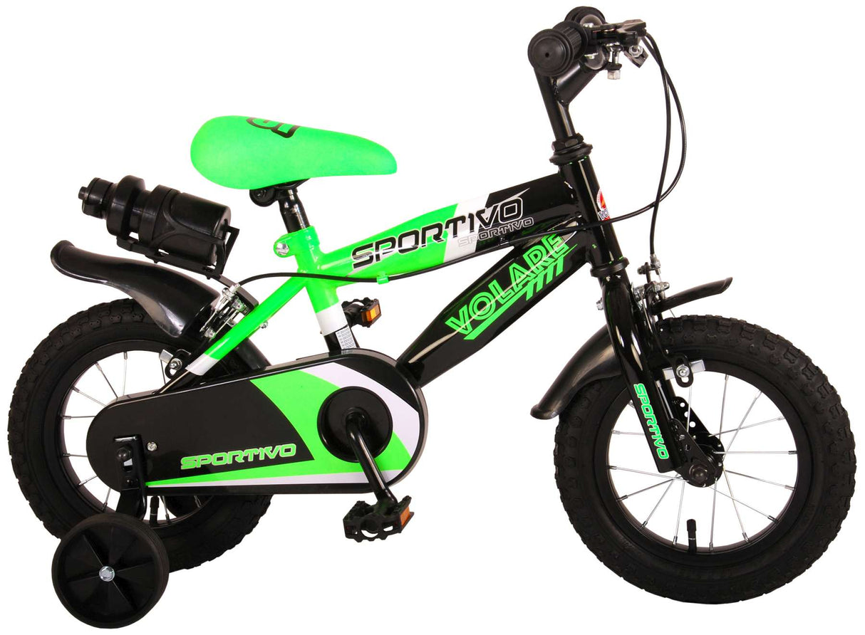 Volare Sportivo Kinderfiets Jongens 12 inch Neon Groen Zwart Twee Handremmen 95% afgemonteerd