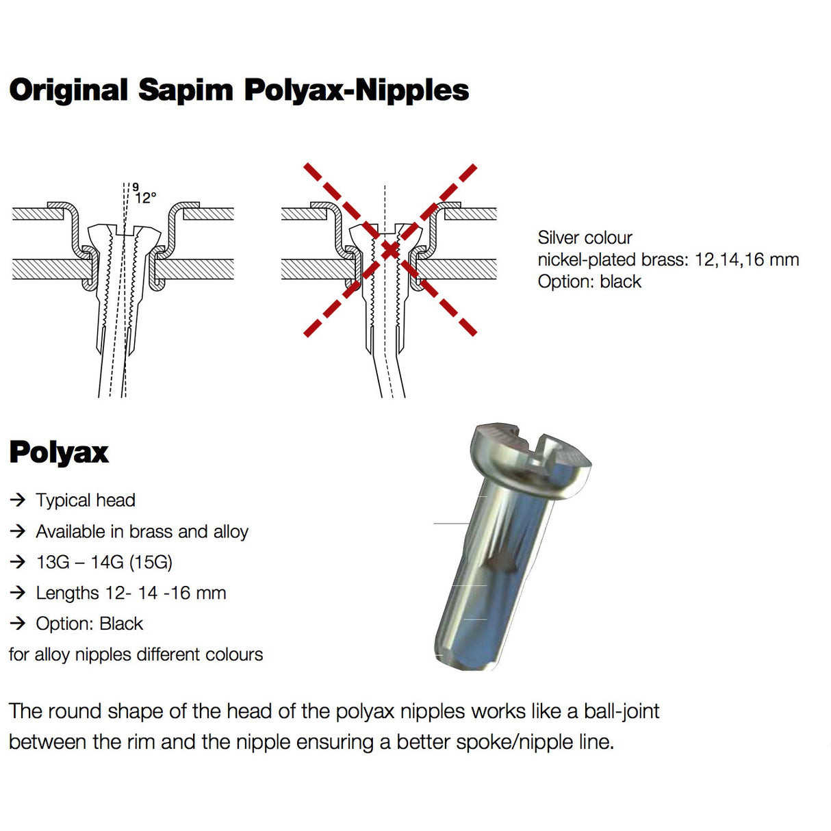 Sapim Spaak Nippel 14 Polyax 14mm Sëlwer Messing (100th)