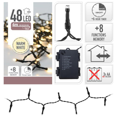 S.i.a. éclairage LED à batterie 48 LED 350 cm lumière blanche chaude noir