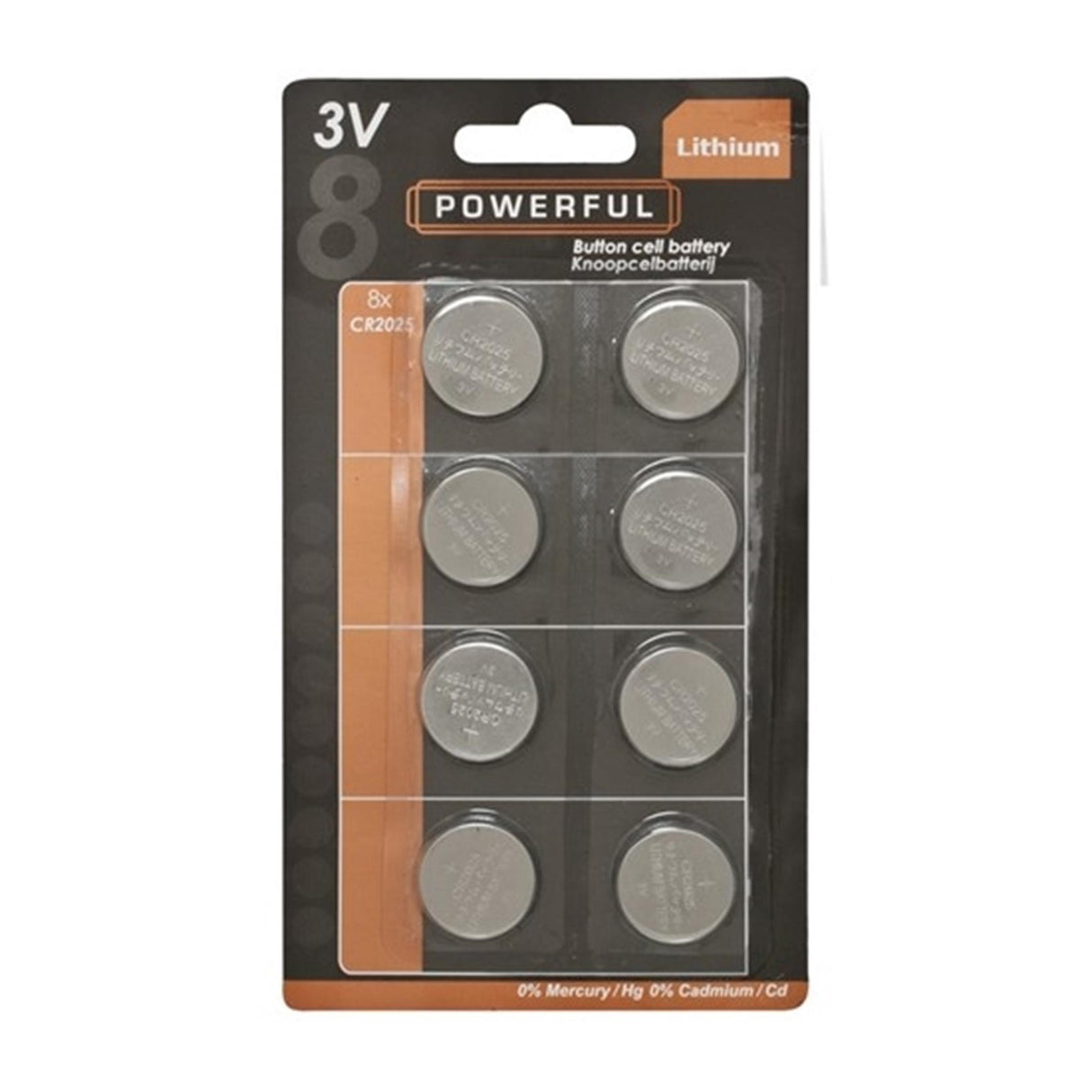 Powerful button cell battery cr2025 card a 8pcs.