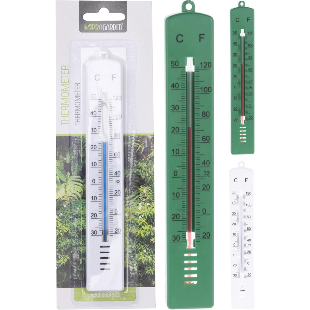 Pro garden thermometer for indoors and outdoors -30 to +50 degrees Celsius 17 cm long white or green plastic