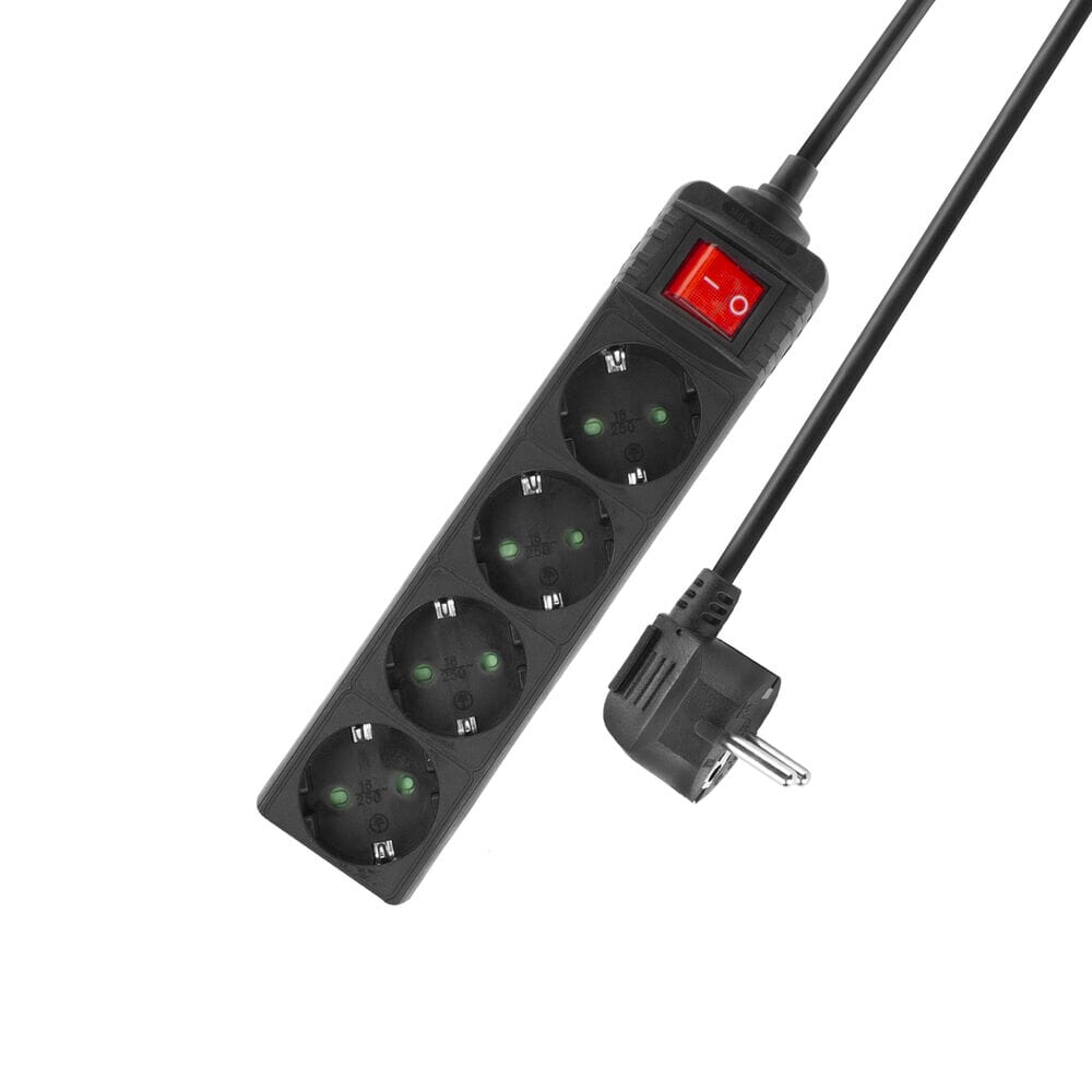 Actuar con interruptor, 4 enchufes, 2 m, negro