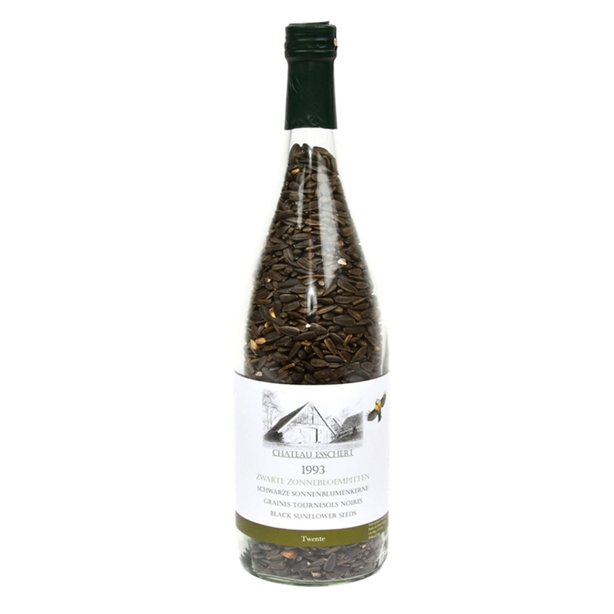 Esschert design wine bottle filled with black sunflower seeds l9 x w9 x h35cm