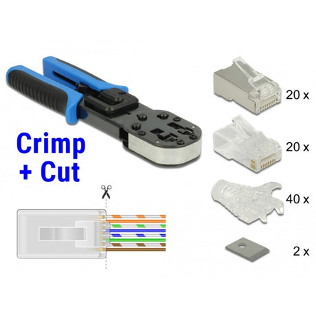 Delock rj45 gofravimo žnyplės + pjovimo rinkinio užspaudimo replės (juoda mėlyna)