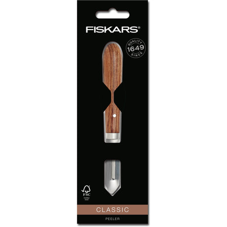 Fiskars Classic Peeler lénks 5 cm Blade (Holzfaarf, Peeler | FSC-zertifizéiert Sucupira Holz | Edelstol)