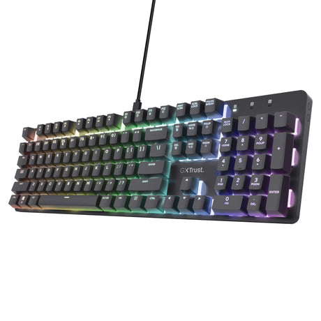 Trust gxt 871 zora mechanisch gaming toetsenbord (zwart, us lay-out (qwerty), huano red, 100%, rgb)