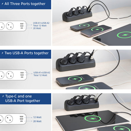 Act connectivity stekkerdoos met 3 type-f stopcontacten stekkerdoos (zwart, 30w power delivery, usb type-c a poorten)