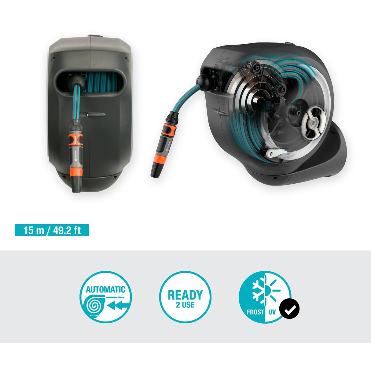 Gardena Wall-Mounted Hose Box RollUp S Hose Reel (grey, 18602-20, 15 m)