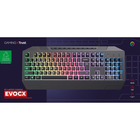 Trust gxt 836 evocx rgb gaming toetsenbord (zwart, us lay-out (qwerty), membraan, 100%, rgb)