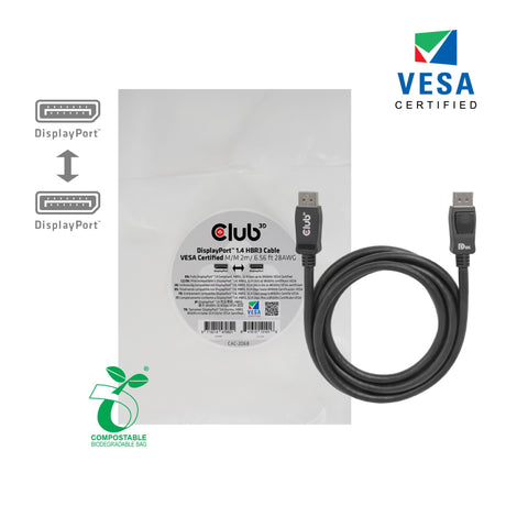 Club 3D Displayport 1.4 Vesa zertifizéiert Kabel männlech-männlech (schwaarz, 2 Meter, 8k 60hz, 32.4gbps)