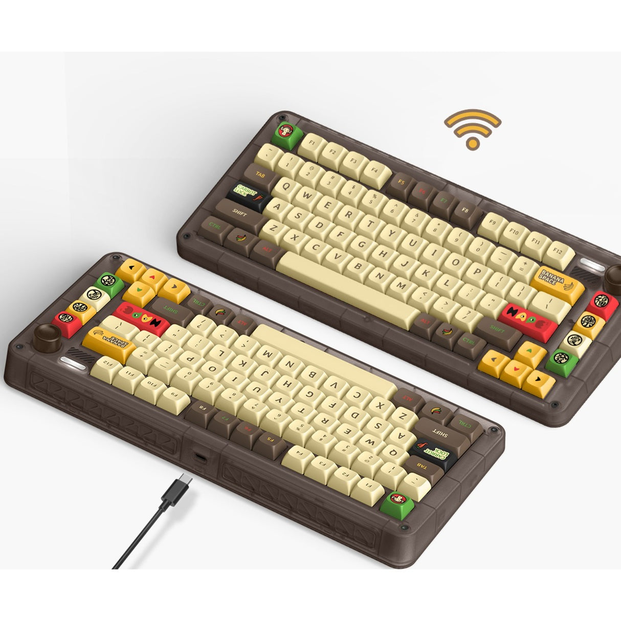 Bezdrátová mechanická klávesnice Iqunix zx75 happy ape (hnědá, rozložení us (qwerty), ttc holy panda, 75 %, rgb led, vyměnitelná za provozu, double-shot pbt, 2,4 GHz | bluetooth 5.1 | usb-c)