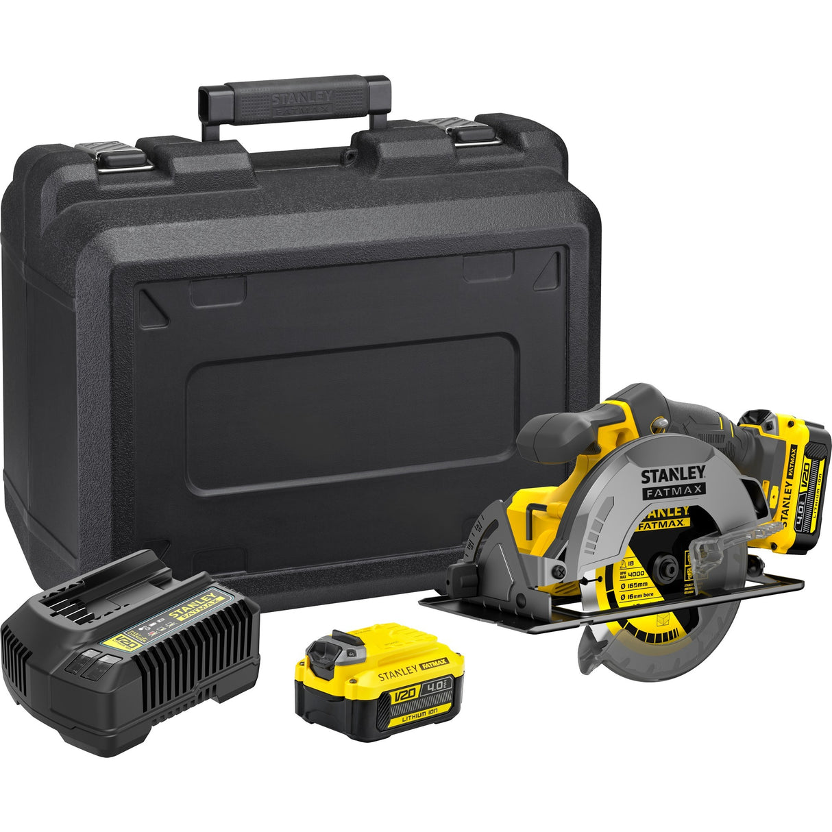 Stanley Fatmax V20 18V Circular Saw (yellow black, case, 2 batteries (2.0Ah) and charger (4A) included)