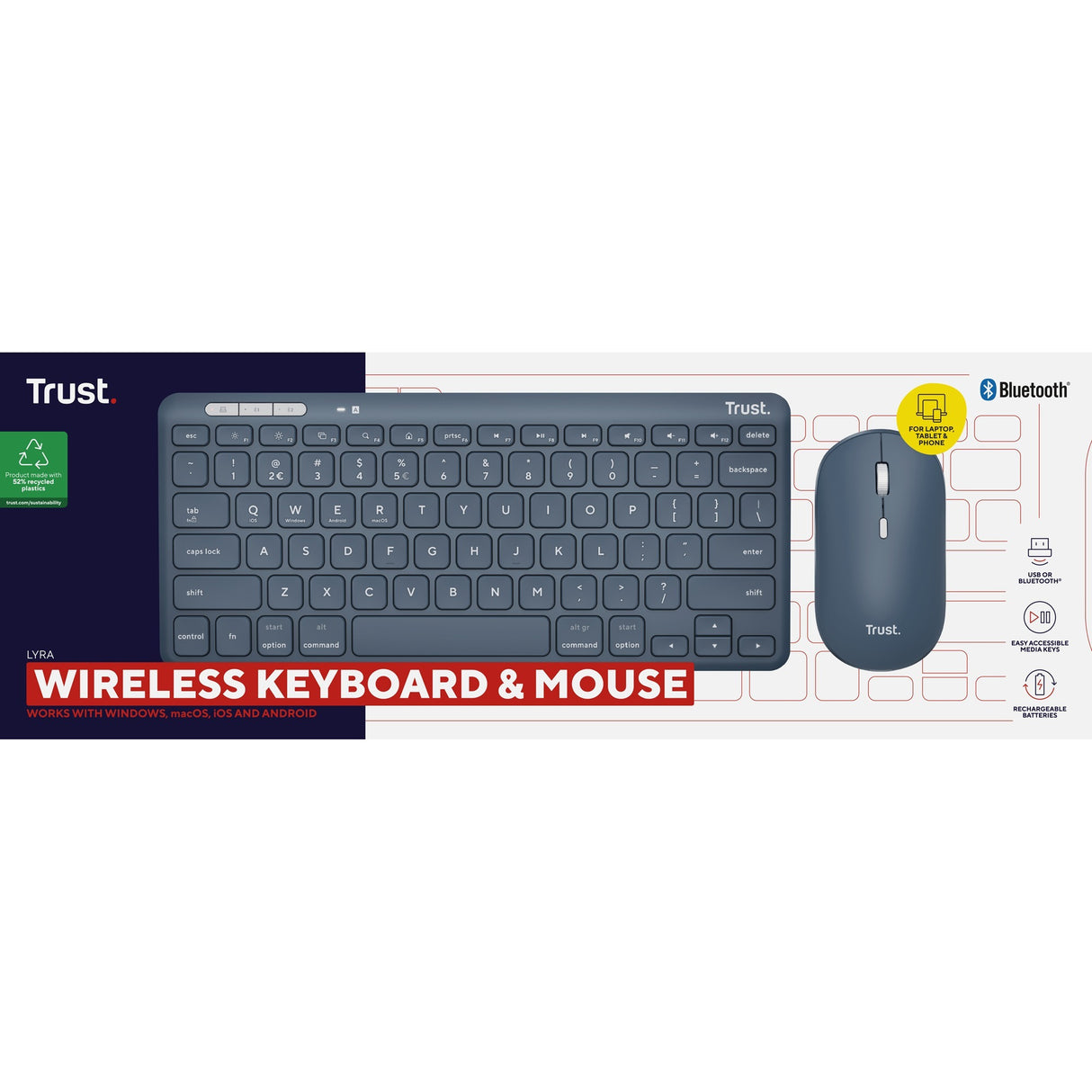 Trust Lyra multi-device wireless keyboard mouse, desktop set (blue, US layout, scissor switches, 800 - 1,600 DPI, 2.4 GHz USB, Bluetooth, 65%)