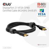 Club 3D certified displayport 2.1 Vesa DP80 cable (black, 2 meters, 8k 240hz, 10k 60hz, 80gbps)
