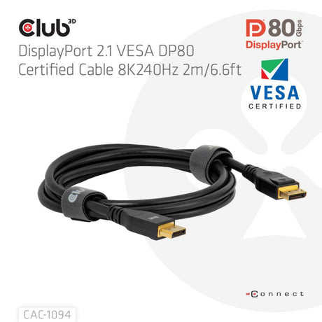 Club 3D-certifierad displayport 2.1 Vesa DP80-kabel (svart, 2 meter, 8k 240hz, 10k 60hz, 80gbps)