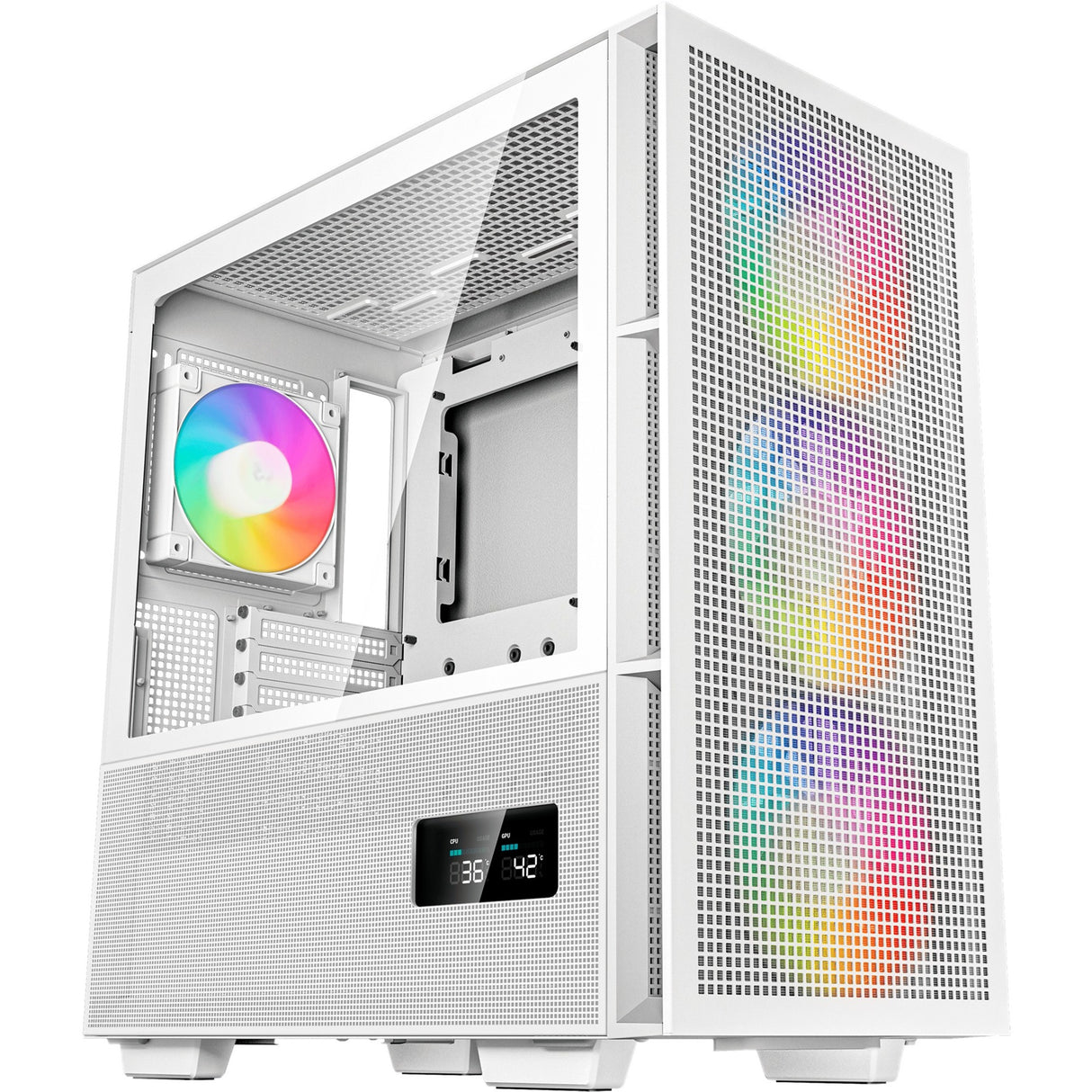 Tithíocht túir midi digiteach Deepcool ch560 (bán | 1x USB-A | 1x USB-C | RGB | gloine tempered)