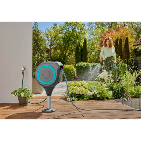 Gardena Patio Hose Box RollUp hose reel (grey turquoise, 20 meters, incl. cleaning spray)
