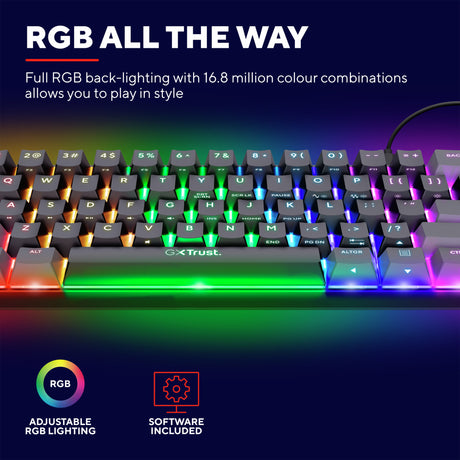 Trust GXT 867 Acira 60% Mini mechanesch Gaming Tastatur (schwaarz, US Layout (QWERTY), Outemu Red, 60%, RGB)
