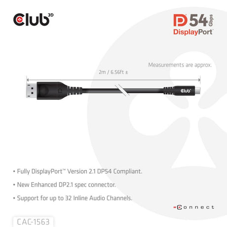 Club 3D USB-C till DisplayPort 2.1 DP54 dubbelriktad kabel, 8K120Hz 2m (svart)
