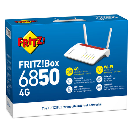 Fritz! box 6850 4g edition international router (white red, mesh wi-fi, 4g 3g)