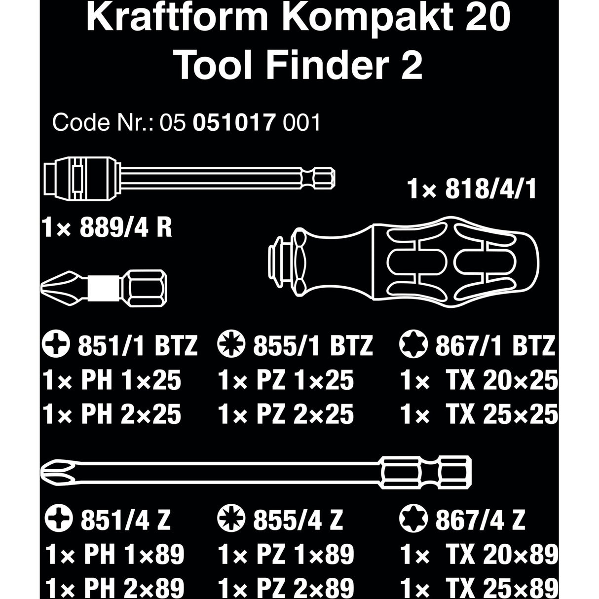 Wera Kraftform Kompact 20 Tool Finder 2 Bit Set with Pouch (Black Green, 13-piece)