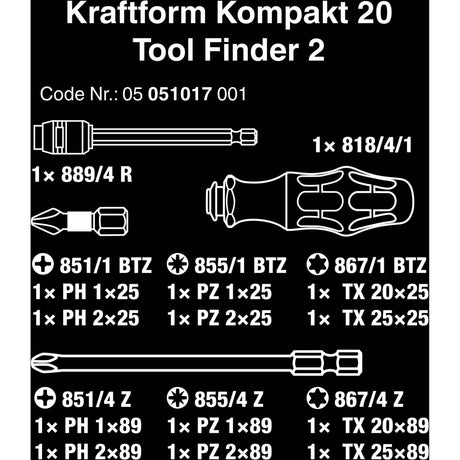 Wera Kraftform Kompact 20 Tool Finder 2 Bit Set with Pouch (Black Green, 13-piece)