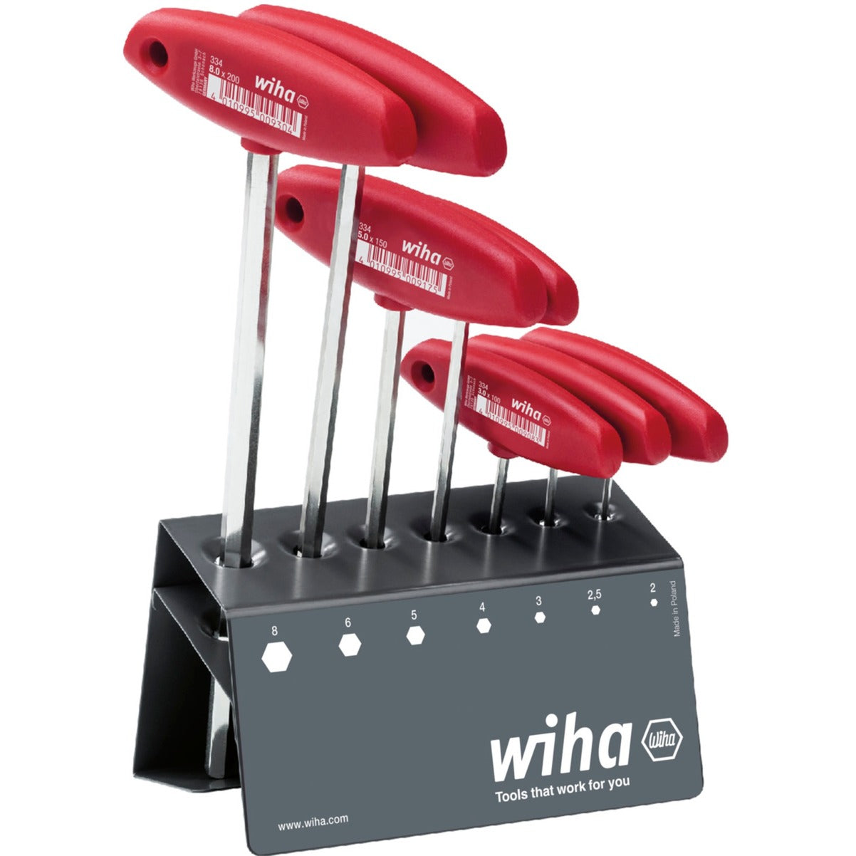 Wiha T-handle hex key set (red, 8-piece, hex, high-gloss nickel-plated, incl. workbench holder)