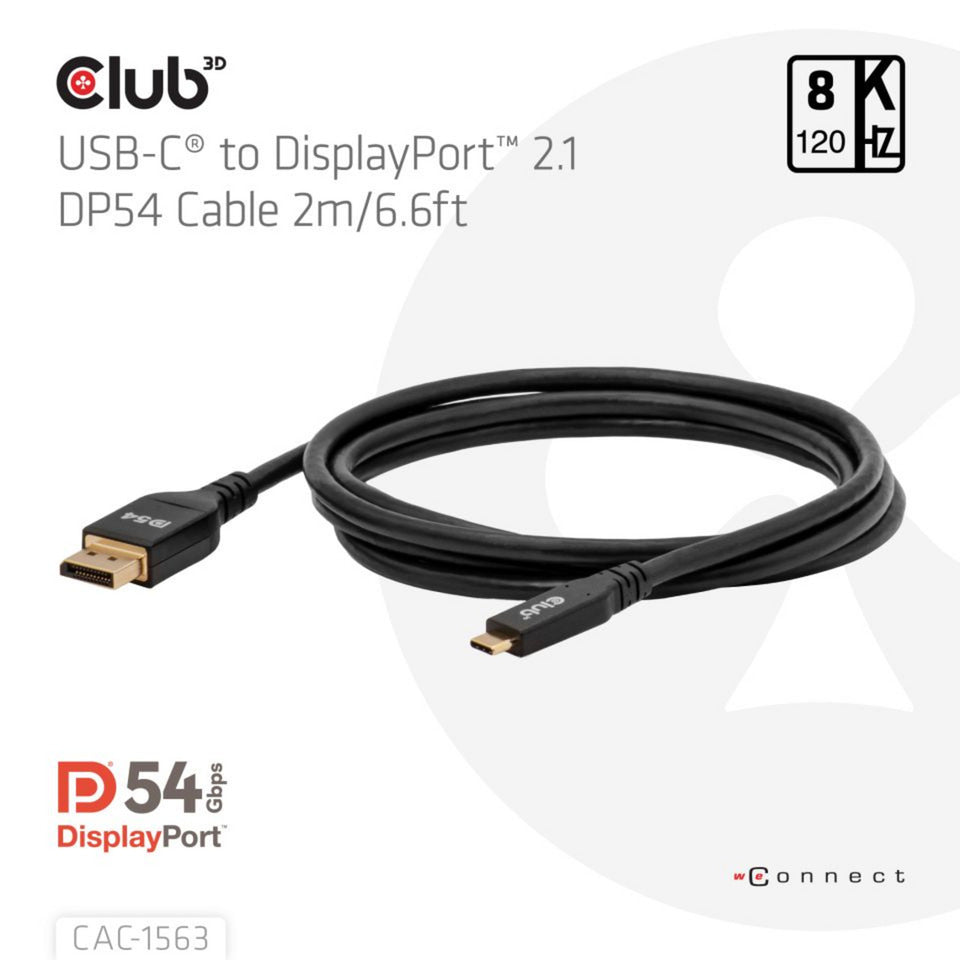 Club 3D USB-C to DisplayPort 2.1 DP54 Bi-Directional Cable, 8K120Hz 2m (Black)