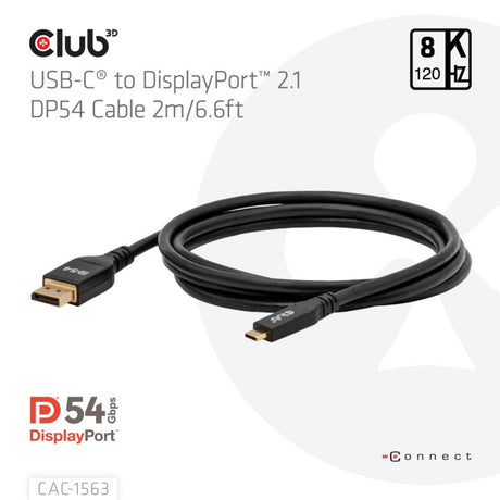 Club 3D USB-C till DisplayPort 2.1 DP54 dubbelriktad kabel, 8K120Hz 2m (svart)