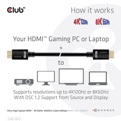 Club 3D ultra high speed HDMI 2.1 certified cable male-male (black, 3 meters, 4K 120Hz, 8K 60Hz, 48Gbps)