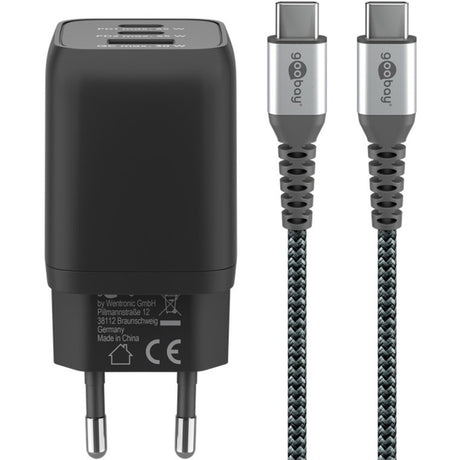 Rychlá nabíječka Goobay USB-C nano (65 W) a textilní kabel USB-C (černý, 1 metr)
