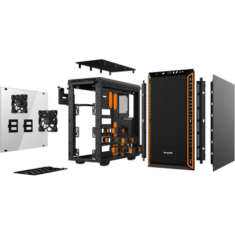 Roueg sinn! Pure Base 600 Fënster Midi Tower Wunneng (schwaarz orange | 2x USB-A | temperéiert Glas)