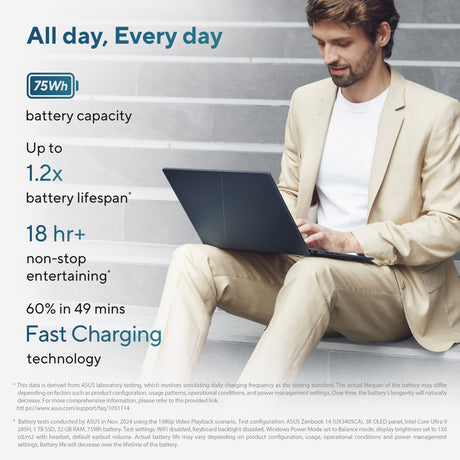 Asus zenbook 14 oled ux3405ca-qlnad7w 14 laptop (blauw | core ultra 9 285h | arc 140t | 32 gb | 1 tb ssd)