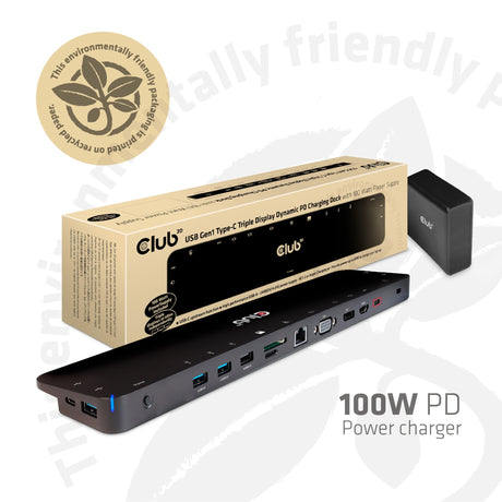 Club 3D USB-C 3.2 Gen1 Triple Display Dynamic PD Charging Dock 100W Docking Station (Black)