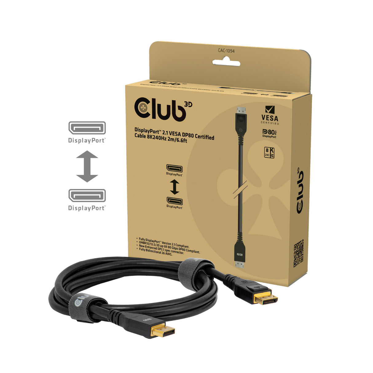 Club 3D certified displayport 2.1 Vesa DP80 cable (black, 2 meters, 8k 240hz, 10k 60hz, 80gbps)