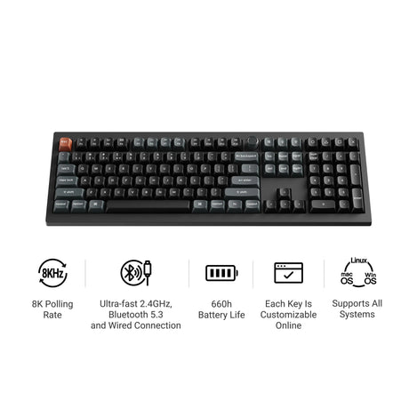 Keychron V6 Ultra 8K Wireless Custom Mechanical Keyboard (Black, US Layout (QWERTY), Silk POM Banana, 100%, RGB, Hot Swap, 2.4 GHz | Bluetooth 5.3 | USB-C)