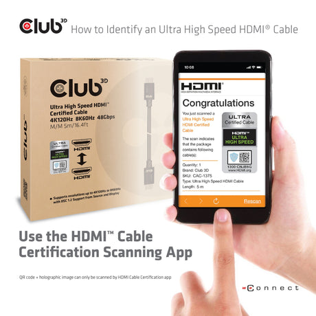 Cabo certificado HDMI 2.1 de ultra alta velocidade Club 3D macho-macho (preto, 5 metros, 4K 120 Hz, 8K 60 Hz, 48 Gbps)