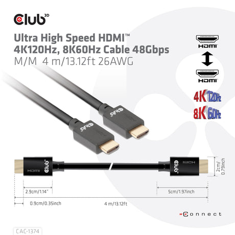 Club 3D ultra vysokorychlostní kabel HDMI 2.1 samec-samec (černý, 4 metry, 4K 120Hz, 8K 60Hz, 48Gbps)