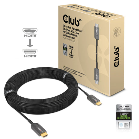 Club 3D Ultra High Speed AOC HDMI 2.1 Certified Unidirectional Cable Male-Male (Black, 20 Meters, 4K 120Hz, 8K 60Hz, 48Gbps)