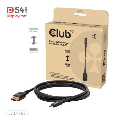 Club 3D USB-C till DisplayPort 2.1 DP54 dubbelriktad kabel, 8K120Hz 2m (svart)