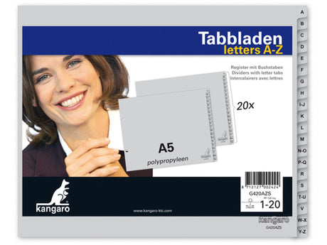 Tabs kangaro pp 120g m2 18x21 22.5cm gray 20-piece a-z 2-hole printed